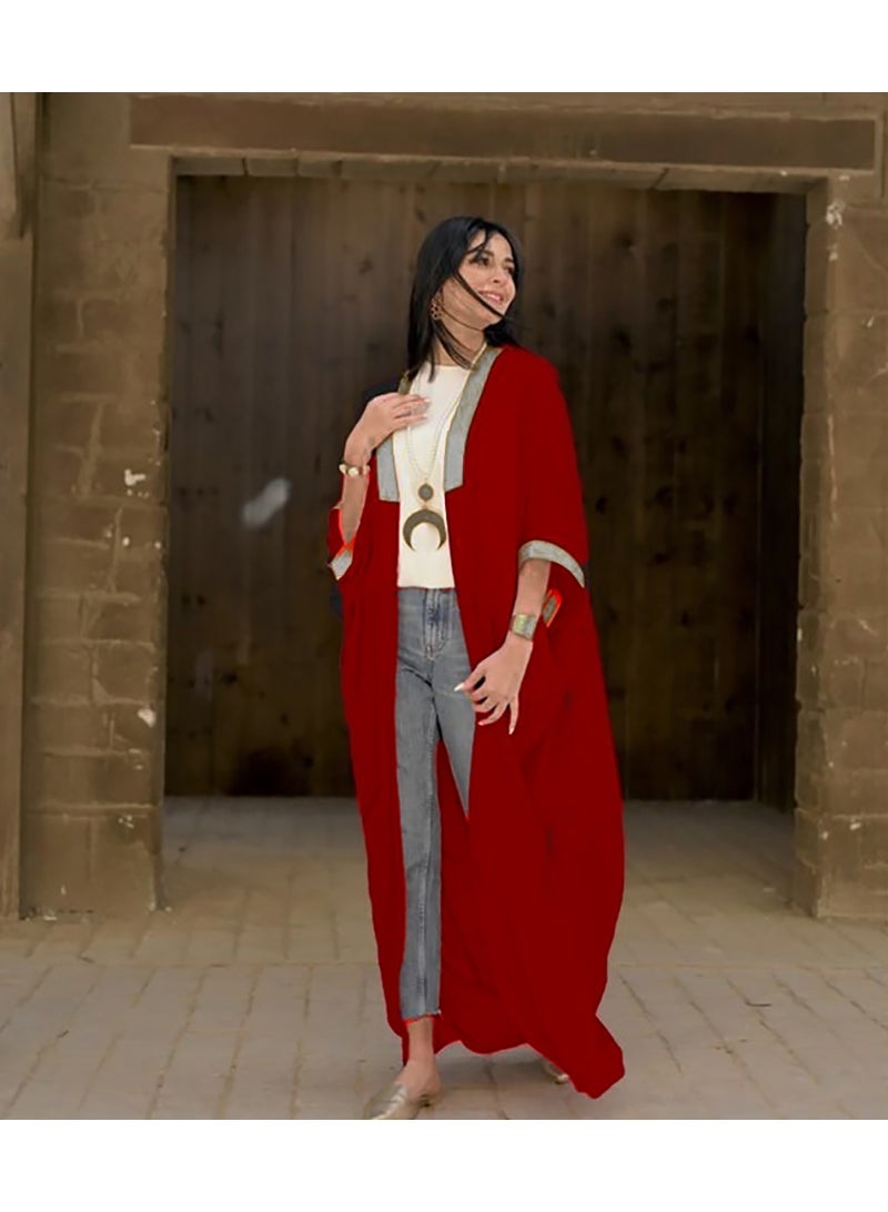 SunSet Kaftan Abaya Silver Embroidered Chiffon Sunset RED - Image 3